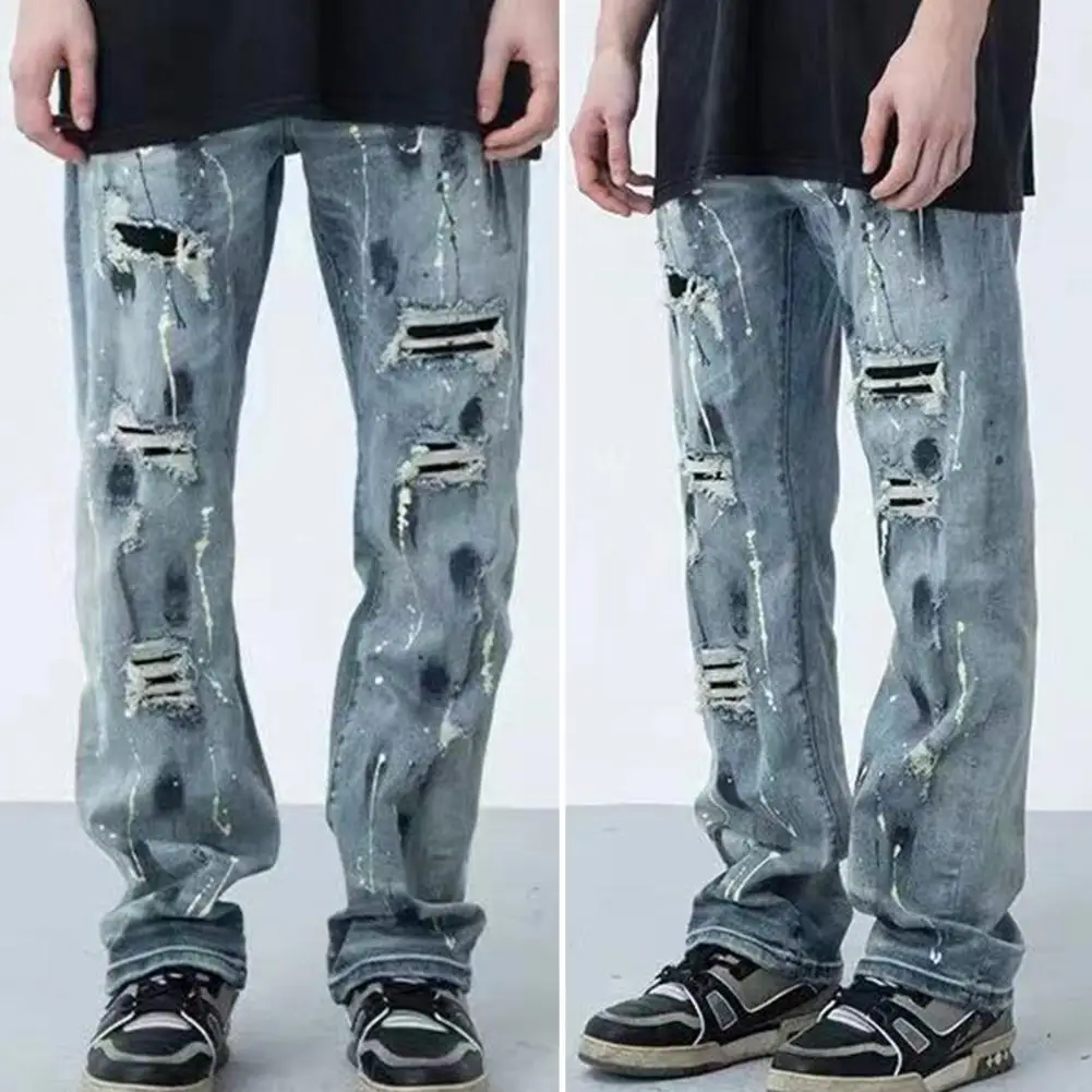 Summer Men Jeans Ripped Broken Holes Hip Hop Washed Ink Splash Washed Denim Pants Streetwear