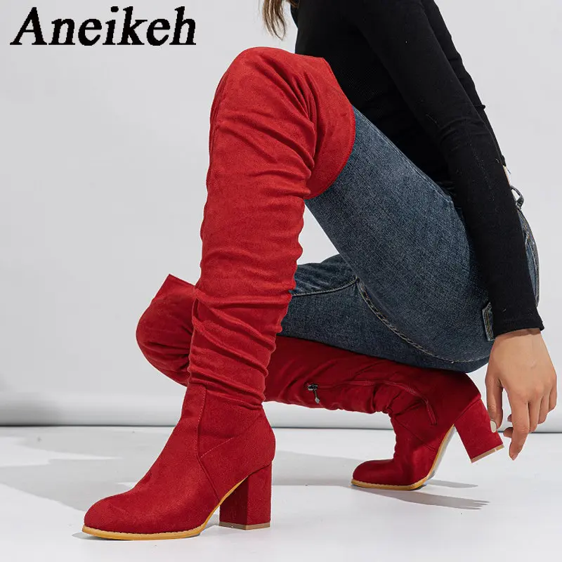 Aneikeh 2025 Spring/Autumn New High Top Side Zipper Over Knee Long Boots Women Mature Flock Round Motorcycle Thick Heel Boots