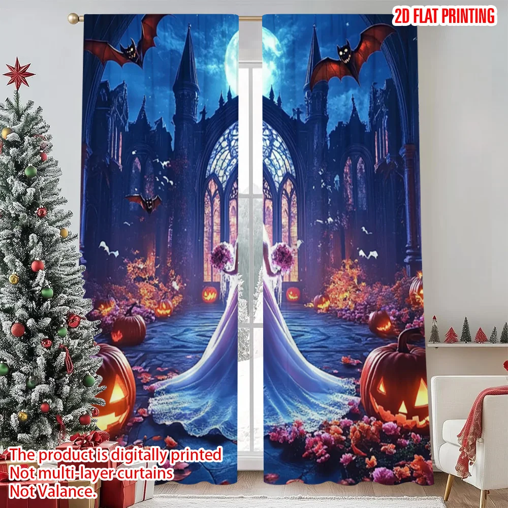 

2pcs 2D flat printing Merry Christmas Popular Curtain Pumpkin arch bat Machine Washable Polyester Without Electricity Holiday