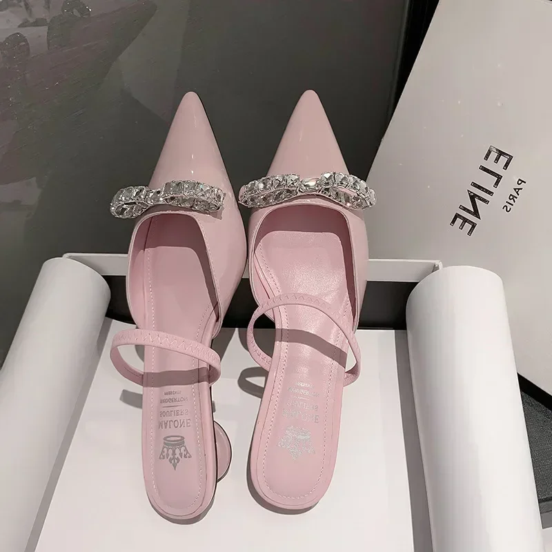 Women Patent Pink Slippers Spring Summer Flats  New Pointed Toe Dress Shoes Designer Elegant Shallow Party Zapatillas Mujer