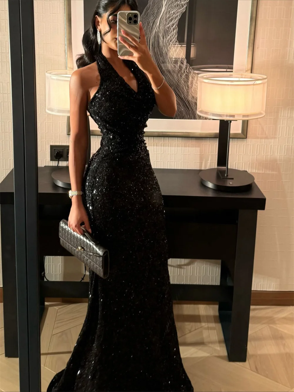فستان كاثي مخصص بالترتر الأسود ورقبة رسن للحفلات الراقصة أنيق حورية البحر فيستدوس دي نويفا بدون أكمام بطول الأرض فساتين سهرة