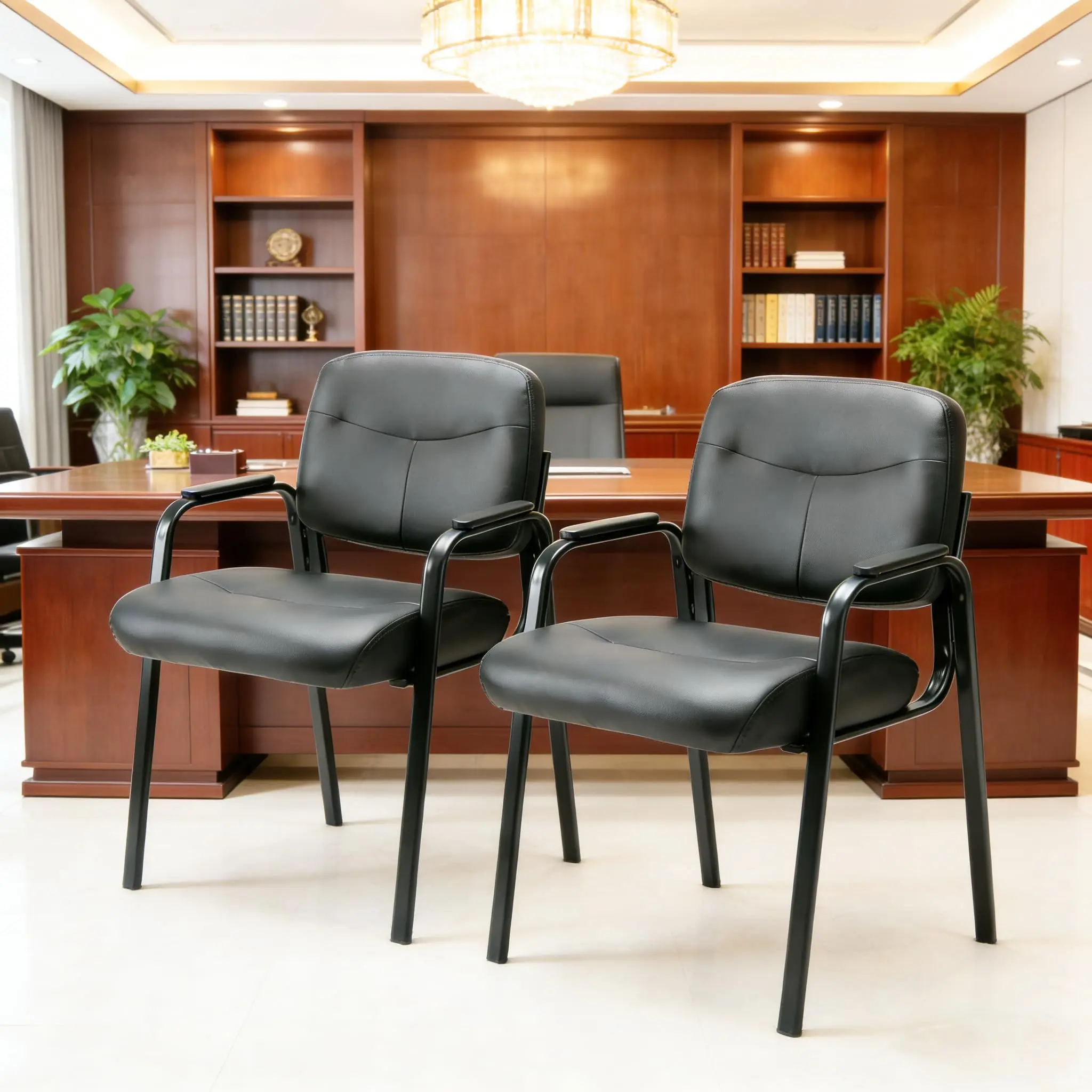 

2-Pack Black Leatherette Armchair With Padded Seat And Back, Non-Rolling Stackable Office Guest Chairs For Waiting Area And