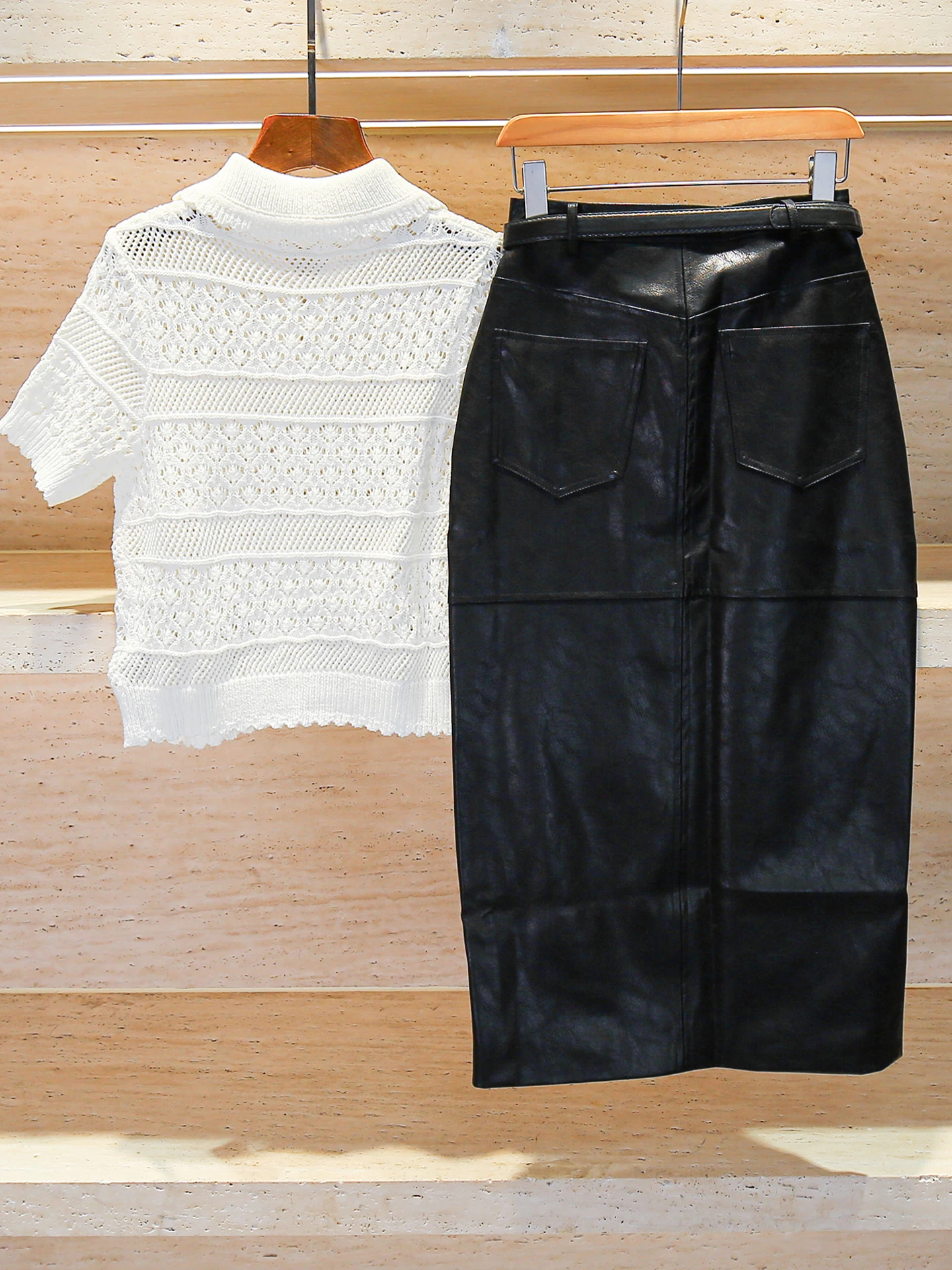High-End Women's Summer Knitted Hollow out T-irt Top with f Skirt Set Polyester Fiber ort Sve Turn-down Collar