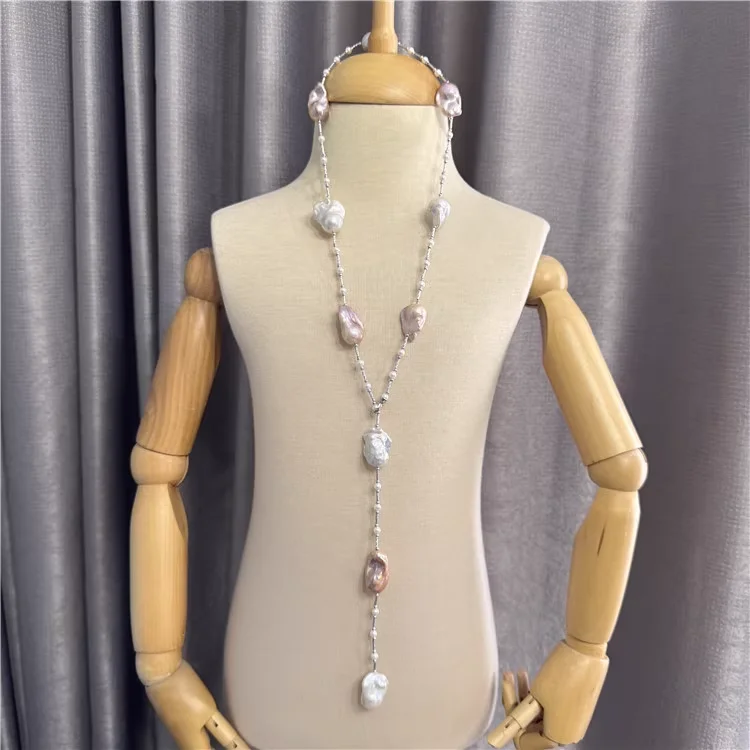 

28" Natural Mix-Color Baroque Keshi Pearl Necklace CZ Pendant For Women