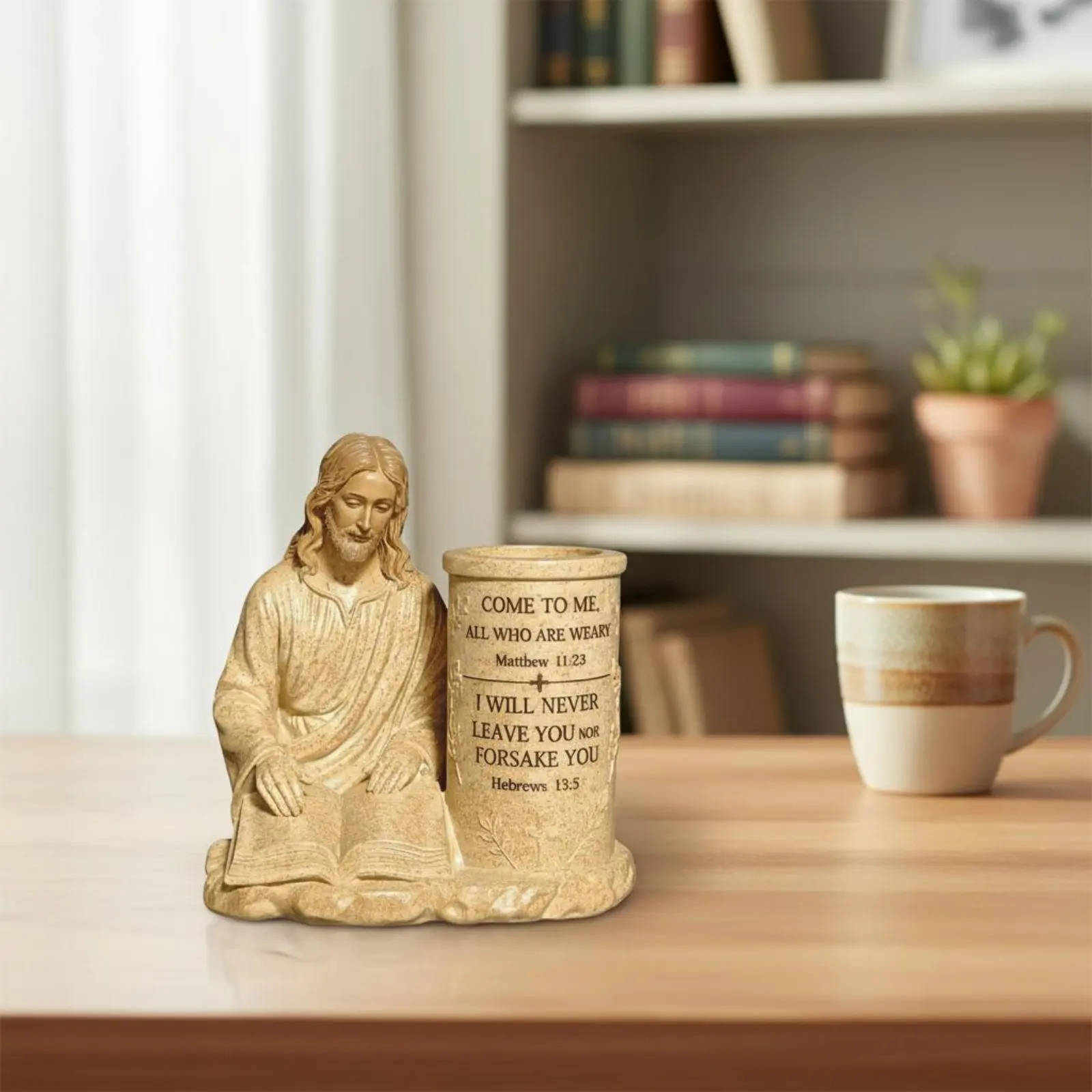 Jesus Figurine Pen Holder Easter Gift Jesus Desk Decor Religious Studying Man Statue Desktop Decoration Bible Passage Writing