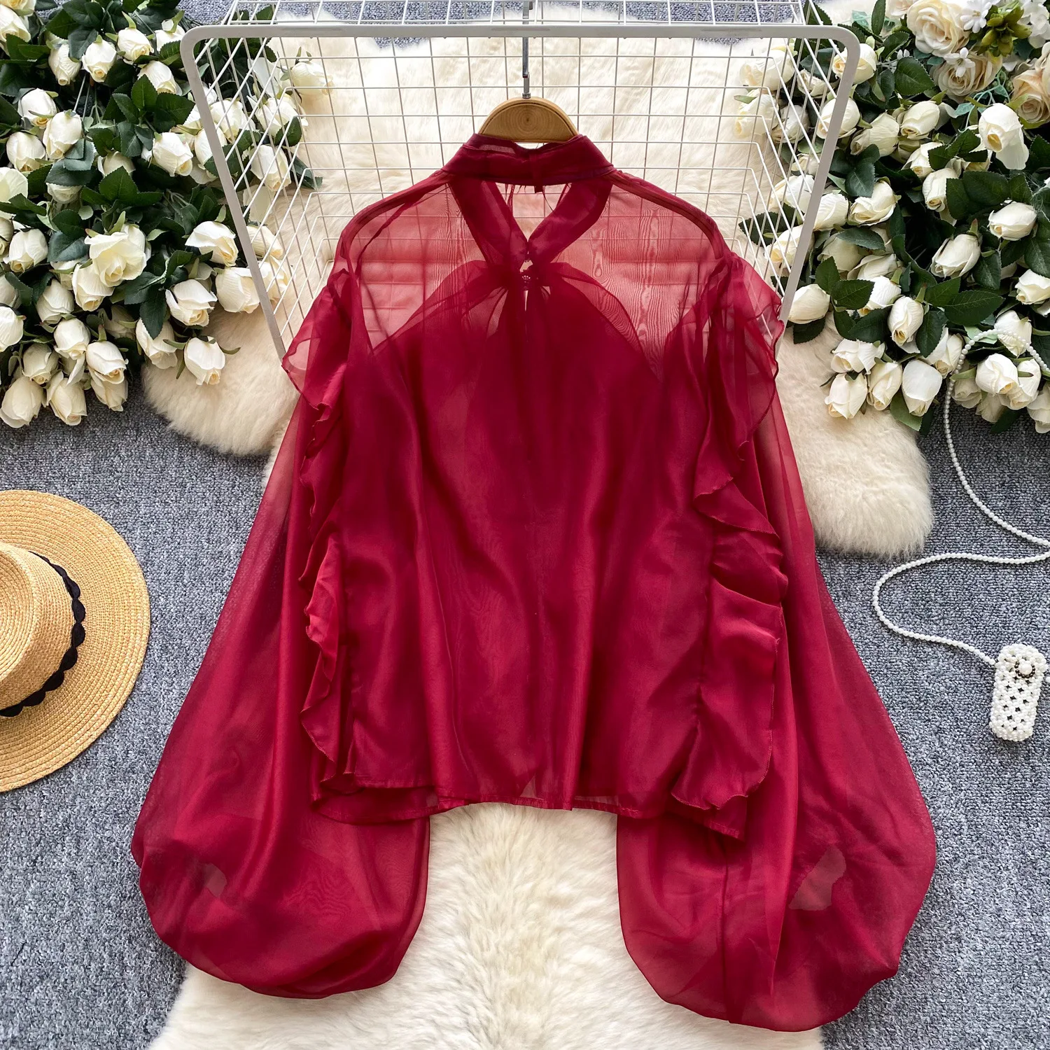 Women Ruffle Hem Shirt Sheer Mesh Shirts Solid Lace Up Long Puff Sleeves Round Neck Loose Fit Office Lady Casual 2025 Summer