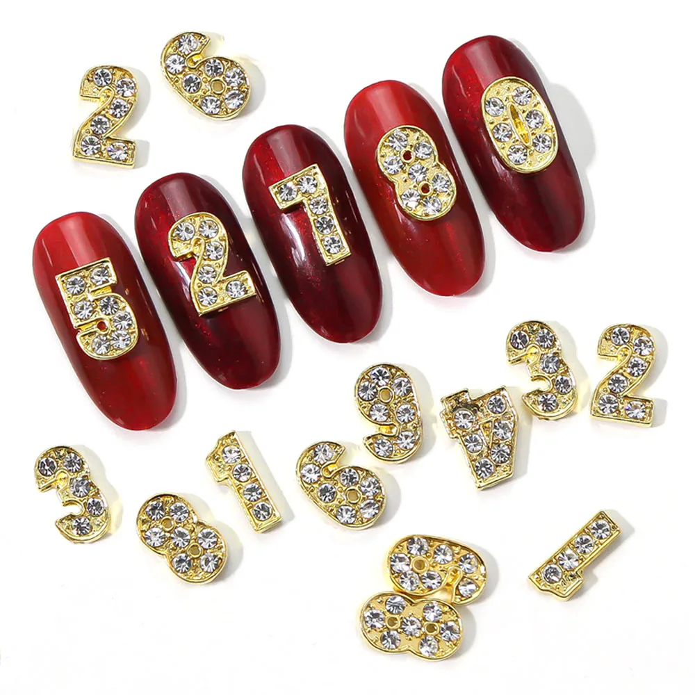 

10pcs/lot 3D Alloy 0-9 Numbers Nail Art Charms Gold/Sliver Jewelry Shiny Diamonds Rhinestones Decoration Metal Nail Accessories