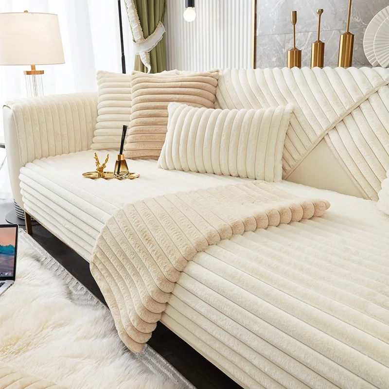 رشاقته أفخم شريط تقليد الأرنب الفراء عدم الانزلاق غطاء أريكة ، لفصل الشتاء غرفة المعيشة الأريكة مقعد ديكور الغلاف أريكة منشفة