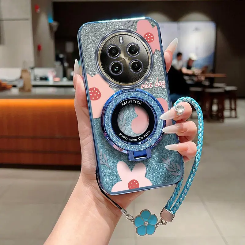 12Pro Pink flowers Plating Bracelet Holder Phone Case For Realme 13Pro 11 8Pro 12 9 10 12Pro 7 V25 11Pro V13 8 9Pro V11 Cover