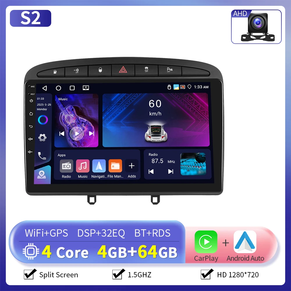 Camecho 6 + 128G Draadloze CarPlay Android Auto Radio voor Peugeot 308 408 2007 2008-2015 GPS Stereo 4G WIFI Multimedia Speler