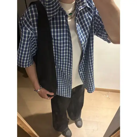 Retro herrskjorta med lös passform, Hong Kong-stil, studentkläder, avslappnad stil, rolig design, tyg av högsta kvalitet, rutigt mönster 8 best sales herrskjorta med genomskinlig passform - №1