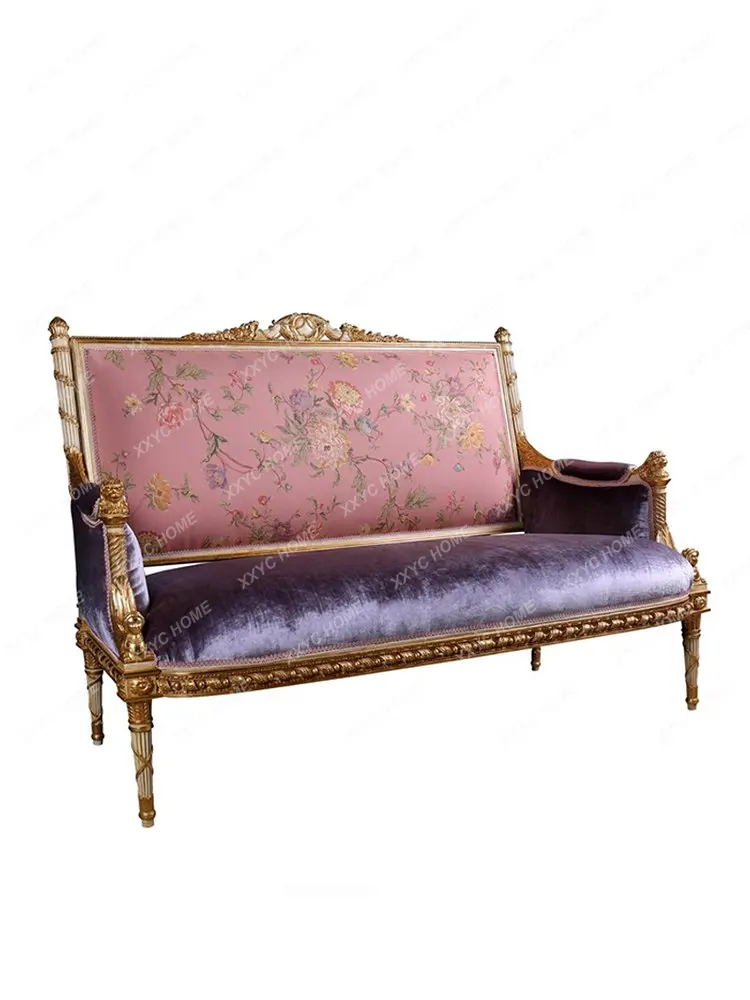 

French Luxury Beech Heavy Industry Carved Fabric Sofa Pink Purple Small Apartment