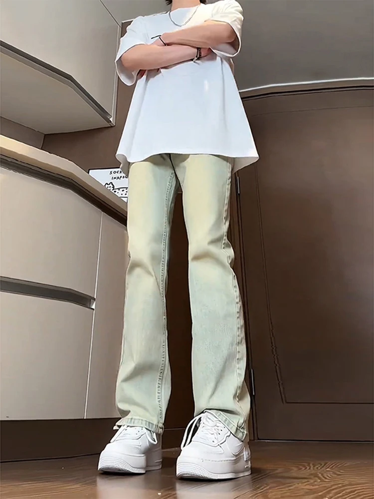 

Мягкие желтые джинсы из эластичной ткани с высокой талией для мужчин, американские ретро-джинсы, летние прямые брюки с микро-клешем