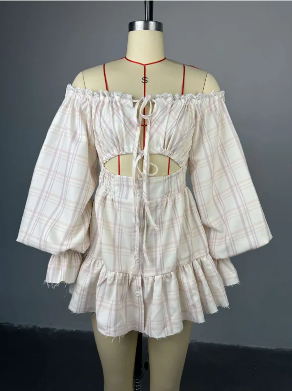 Off Shoulder Lace Up Dress Women Sexy Hollow Out Backless Long Lantern Sleeve Lace A Line Short Dresses 2025 Chic Ladies Robes