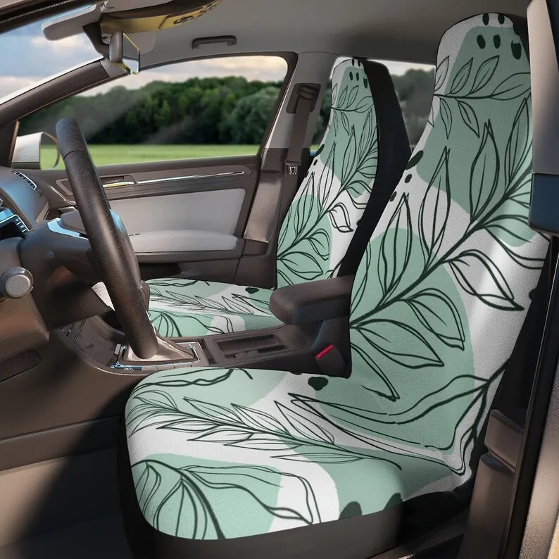 

Car Seat Covers | Green Flower, Plant Print | Protect Car from Stains, Spills | Trendy, Modern Car Accessories for Women