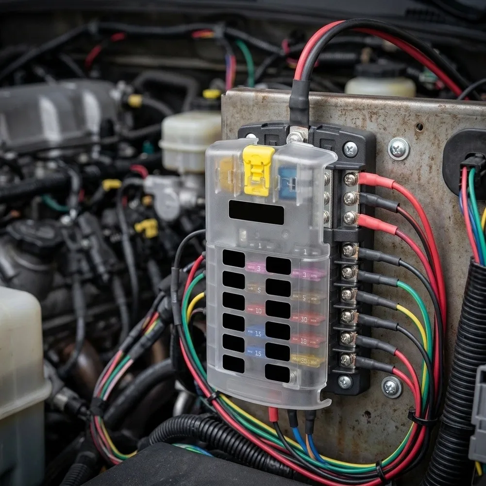 12 Circuit Fuse Panel with Ground Busbar and Cover for Automotive RV Marine and Recreational Vehicle Wiring Solutions