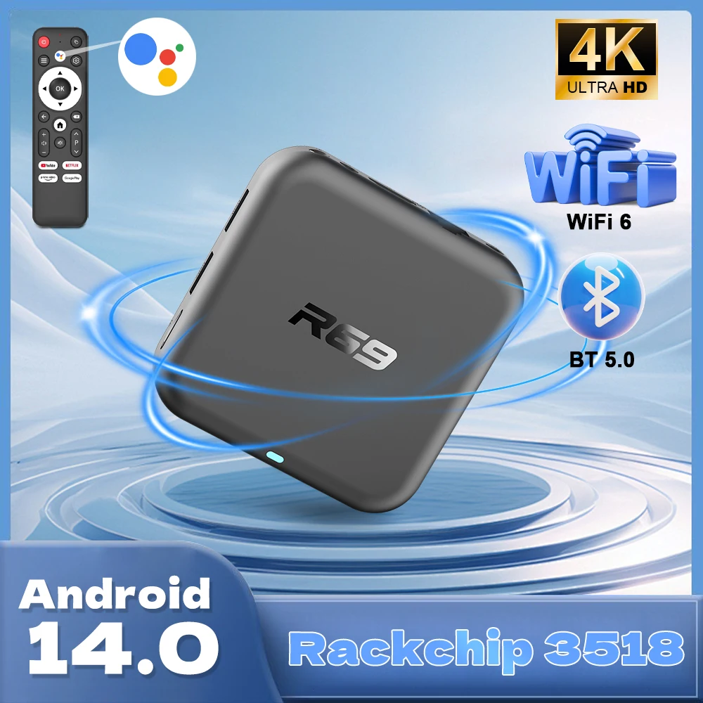 

Set Top Box R69 Rockchip RK3518 WIFI 6 Voice Remote Vontrol Android 14 OS 8GB 6GB 32GB Support 4K BT5.0 Voice Media player