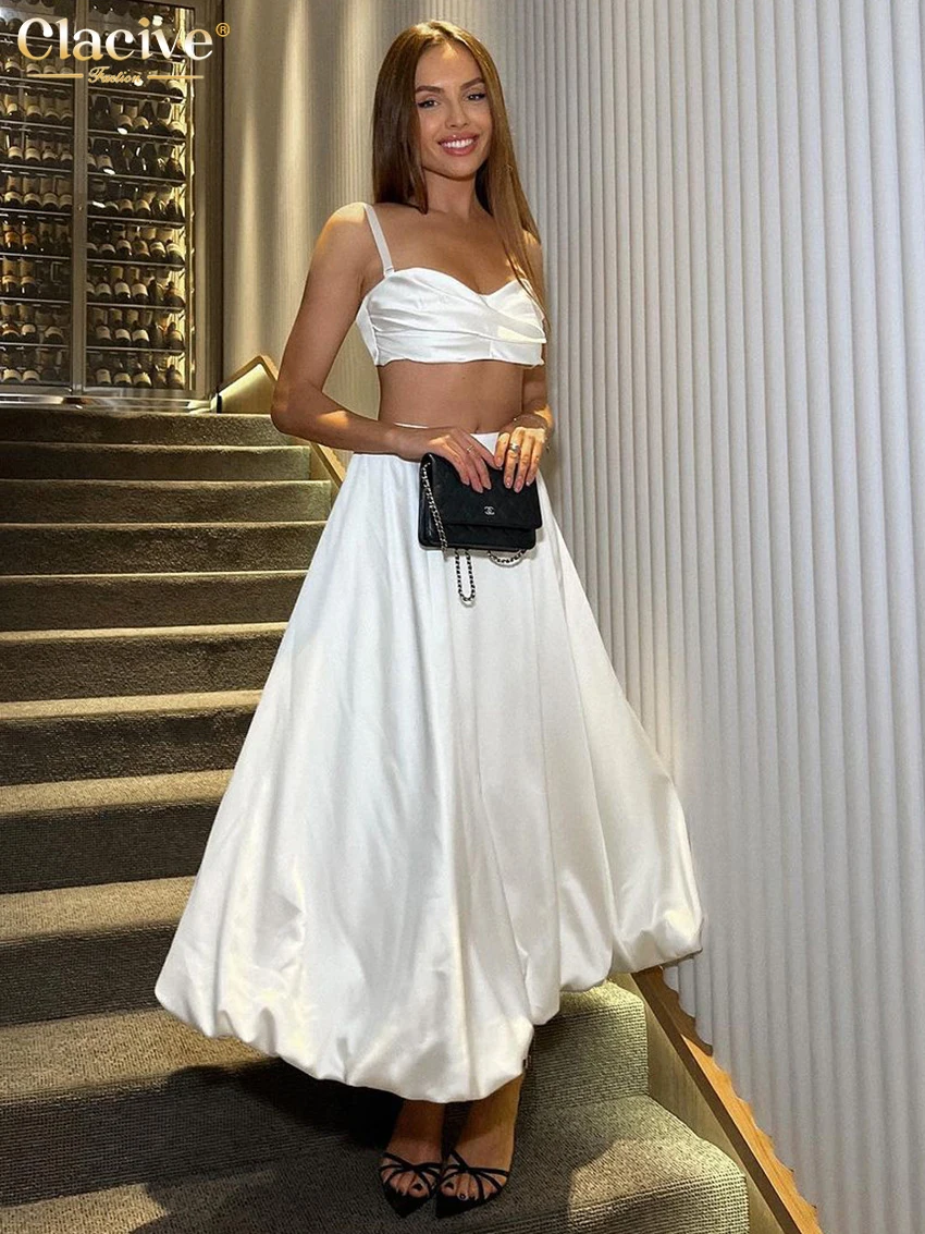 

Clacive Sexy Loose White Satin Women's 2-Piece Set 2026 Summer Sleeveless Crop Top With High Waist Pleated Long Skirt Set Female