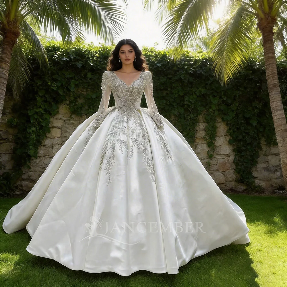 

Индивидуальные бальные платья, недорогие пляжные свадебные платья с круглым вырезом, кружевом, бисером, шлейфом и длинными рукавами, свадебные платья Vestidos De Noiva