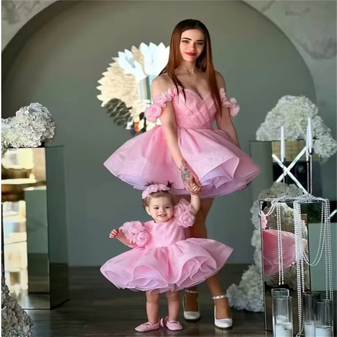 Pink Shiny Tulle Girl Women Prom Gowns Mother and Daughter DressRuffles Tulle Mommy Girls Party Birthday Dress Gustomized