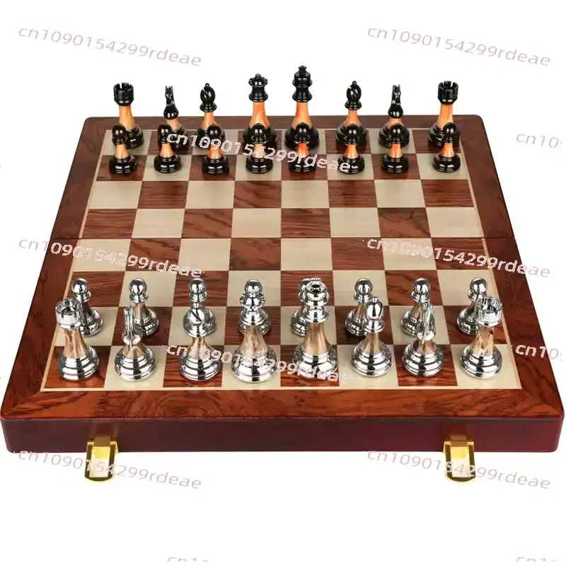 45CM Luxury Metal Chess Figures Wooden Chess Set Professional Folding Family Classic Board Games Chess Home Ornaments Collection