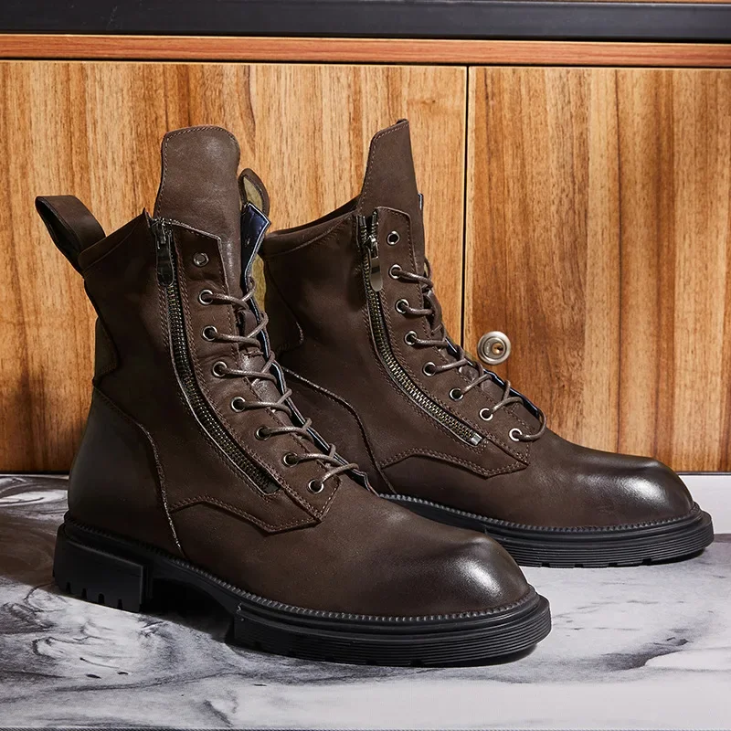 British Genuine Leather Motorcycle Boots Male Trendy High-top Casual Lace-up Work Shoes Botines Hombre