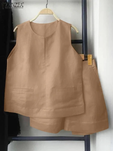 Imagen 2 del producto ZANZEA-chándal liso de 2 piezas para mujer, conjuntos cortos informales holgados sin mangas y pantalones cortos, trajes sexys a juego con bolsillos