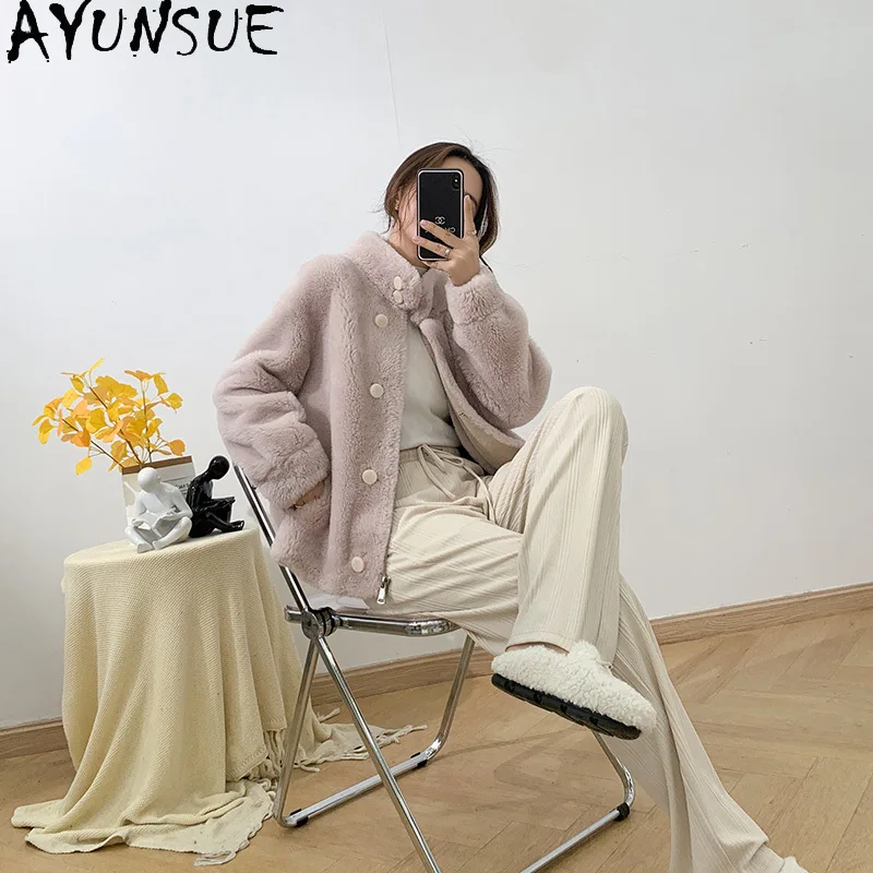 AYUNSUE 100% ウールコート レディース 2025 冬服 女性用 本物の羊毛 シアリングジャケット グレインファッション 合成毛皮 パルトォ ジェンソーレ