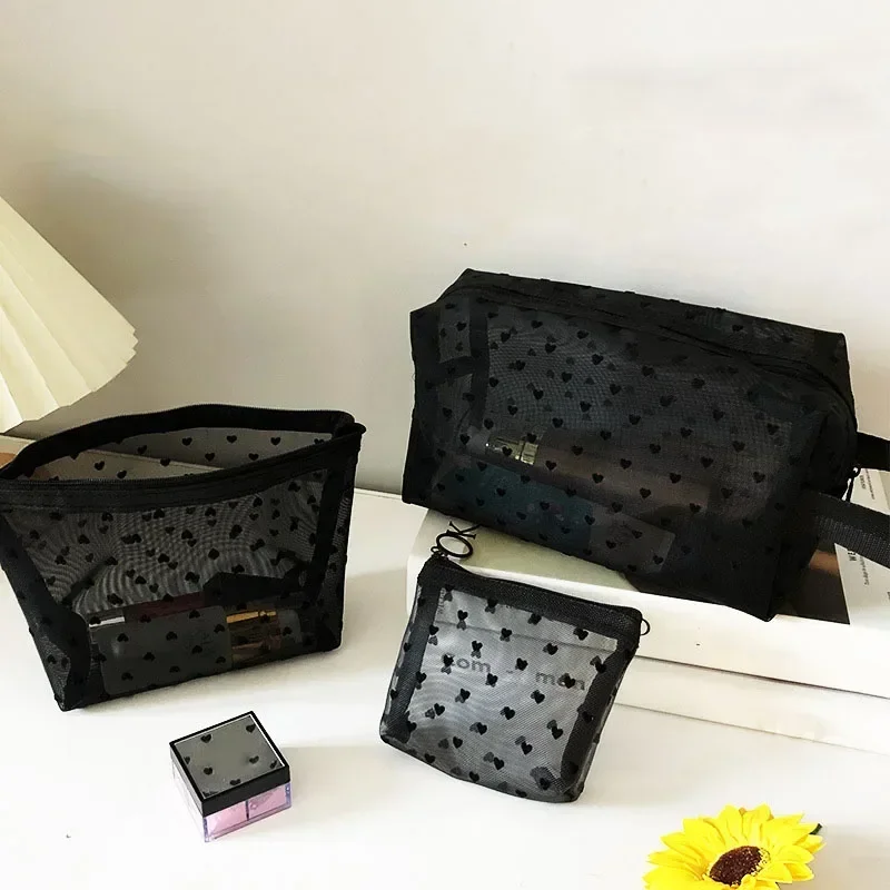 1PCS Black Women Mesh Cosmetic Bag Large-Capacity Organizer Makeup Bag Multifunctional Lipstick Key Coin Purse Pouch