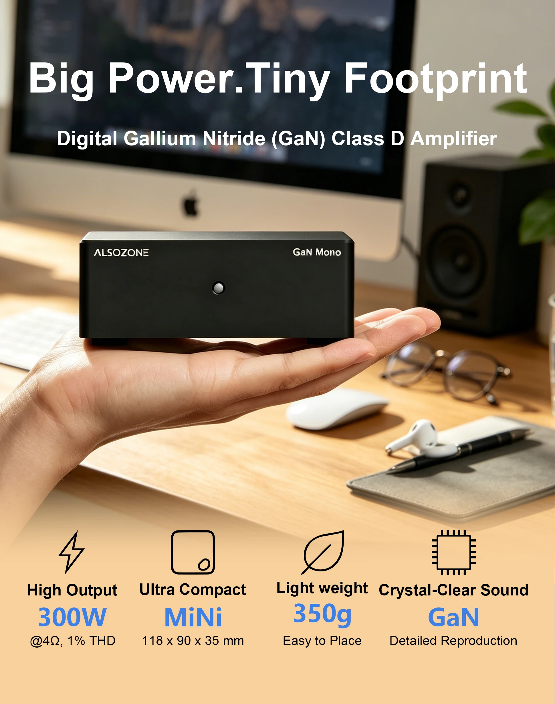 ALSOZONE GaN Mono 300W Klasse-D-Verstärker XLR/TRS RCA-Eingang 12V Trigger Kompakter HiFi-Leistungsverstärker für Passive Lautsprecher – Detail 1