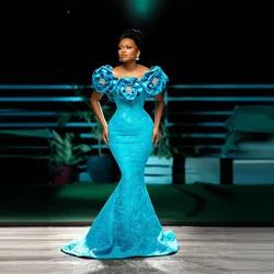 Blue Aso Ebi Prom Dresses With Handmade Flowers Beads Mermaid Lace Evening Dress Off The Shoulder Black Girls Birthday Gowns