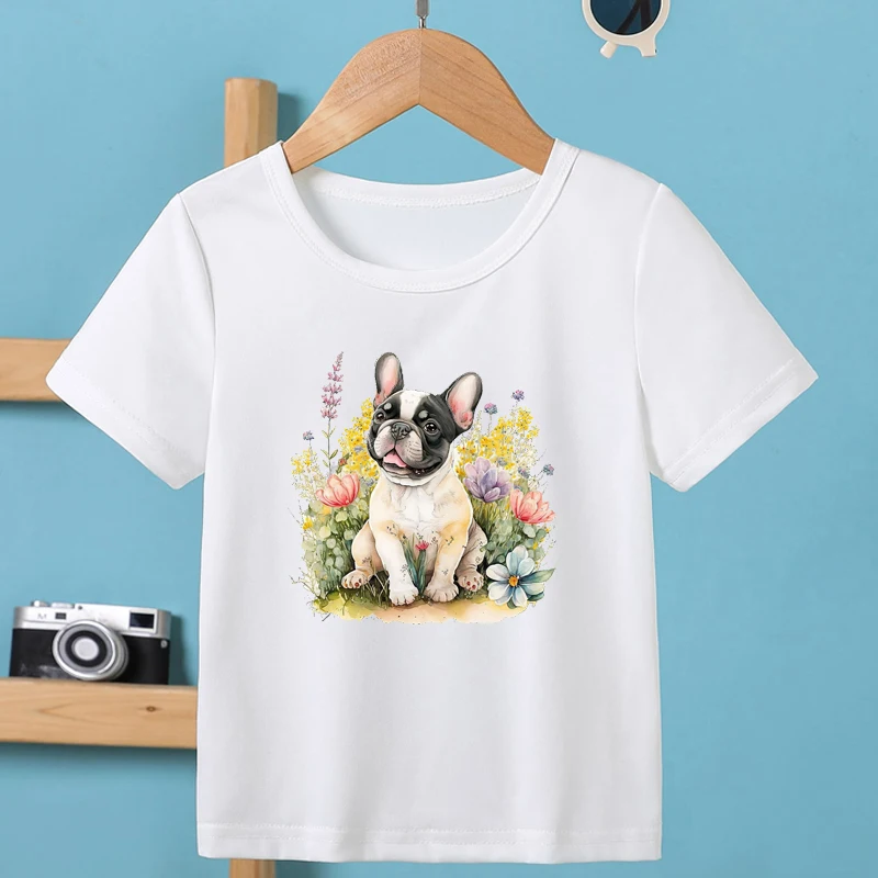 

Kids French Bulldog Design Summer Fashion T-Shirt Girls/Boys T Shirts Harajuku Oil Painting Tees Colorful Flowers Girls tops