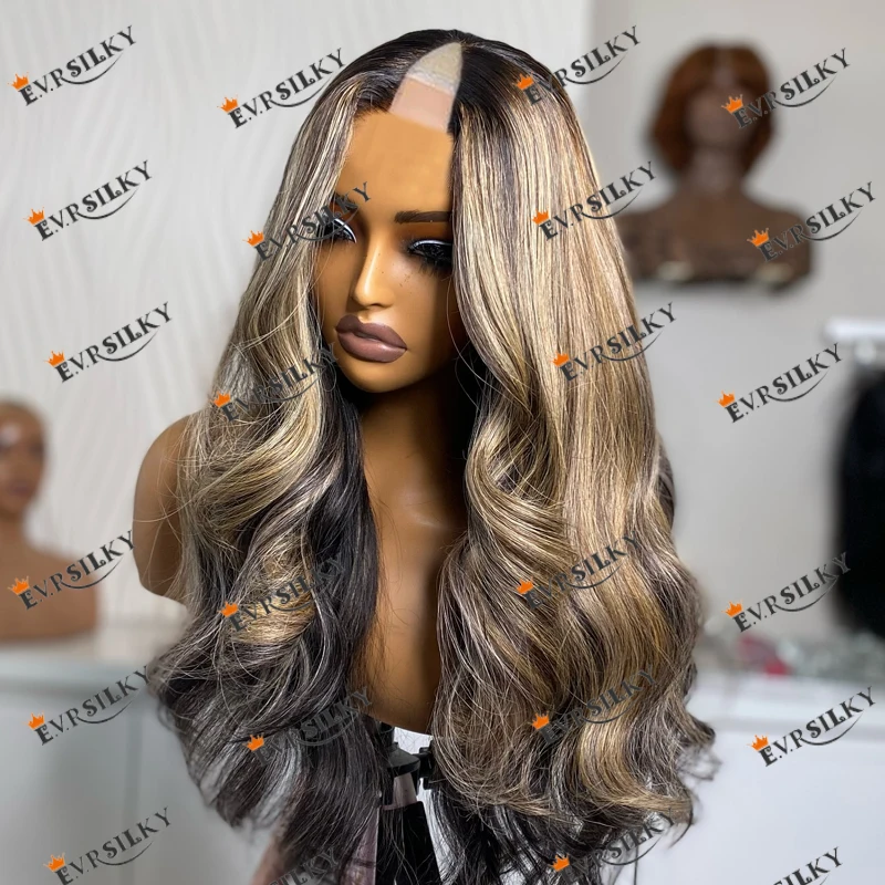 

Mongolian 100% Remy Human Hair Body Wave Highlight Cool Brown Blonde 1x4 Size V Part Wigs for Black Women Opening U Part Wigs