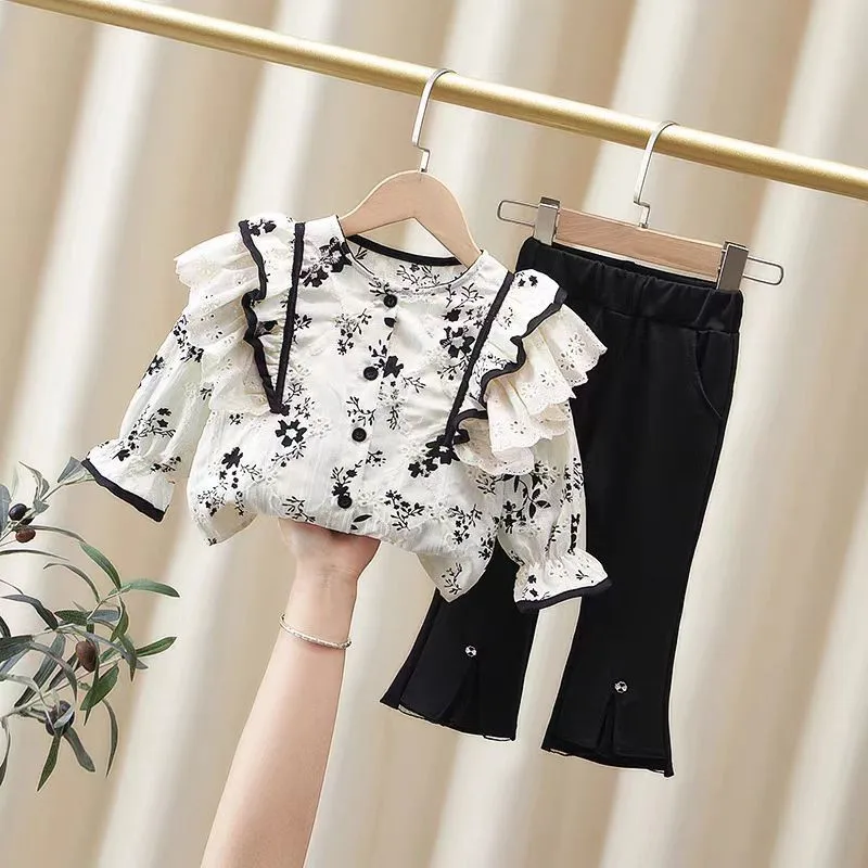 Spring Girls\' Clothing Sets Autumn Children\'s Clothing Fashion Lace Lace Shirt+Bellbottom Pants Set for Baby Girls Kids Clothes