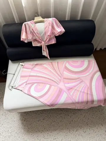 Women's Pink Lace-Up Top and Printed Maxi Skirt Set for Vacation