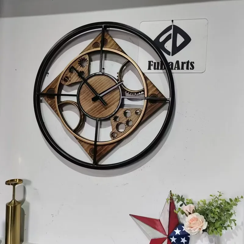 60 New Creative High-end Atmosphere Living Room Background Clock Art Retro Industrial Wind Gear Carved Circular Wall Clock