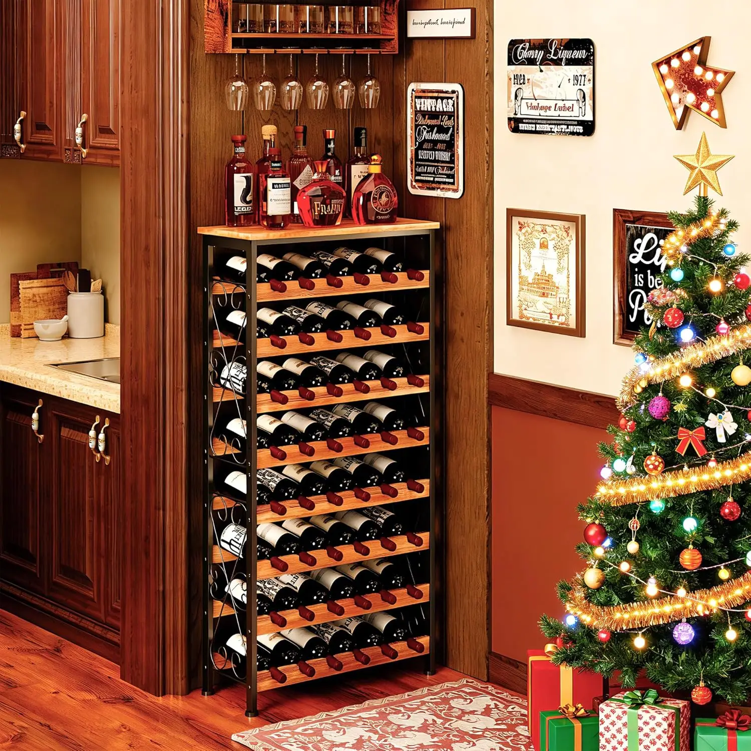 

8-Tier Freestanding Wine Rack with Wood Top, Tall Floor Storage for Kitchen Pantry and Bar Display, 25.2''L x 10.7''W x 47.2''H