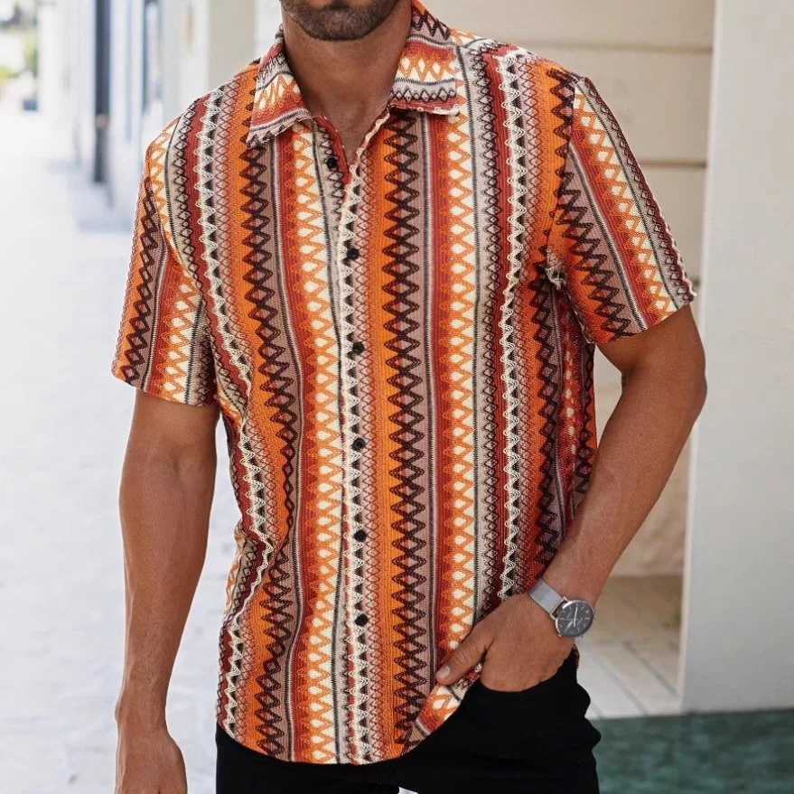 

2026 Men's Vintage Color Striped Print Short-Sleeve Shirt Collar Design Casual Summer Beachwear Button-Front Regular Fit Shirt