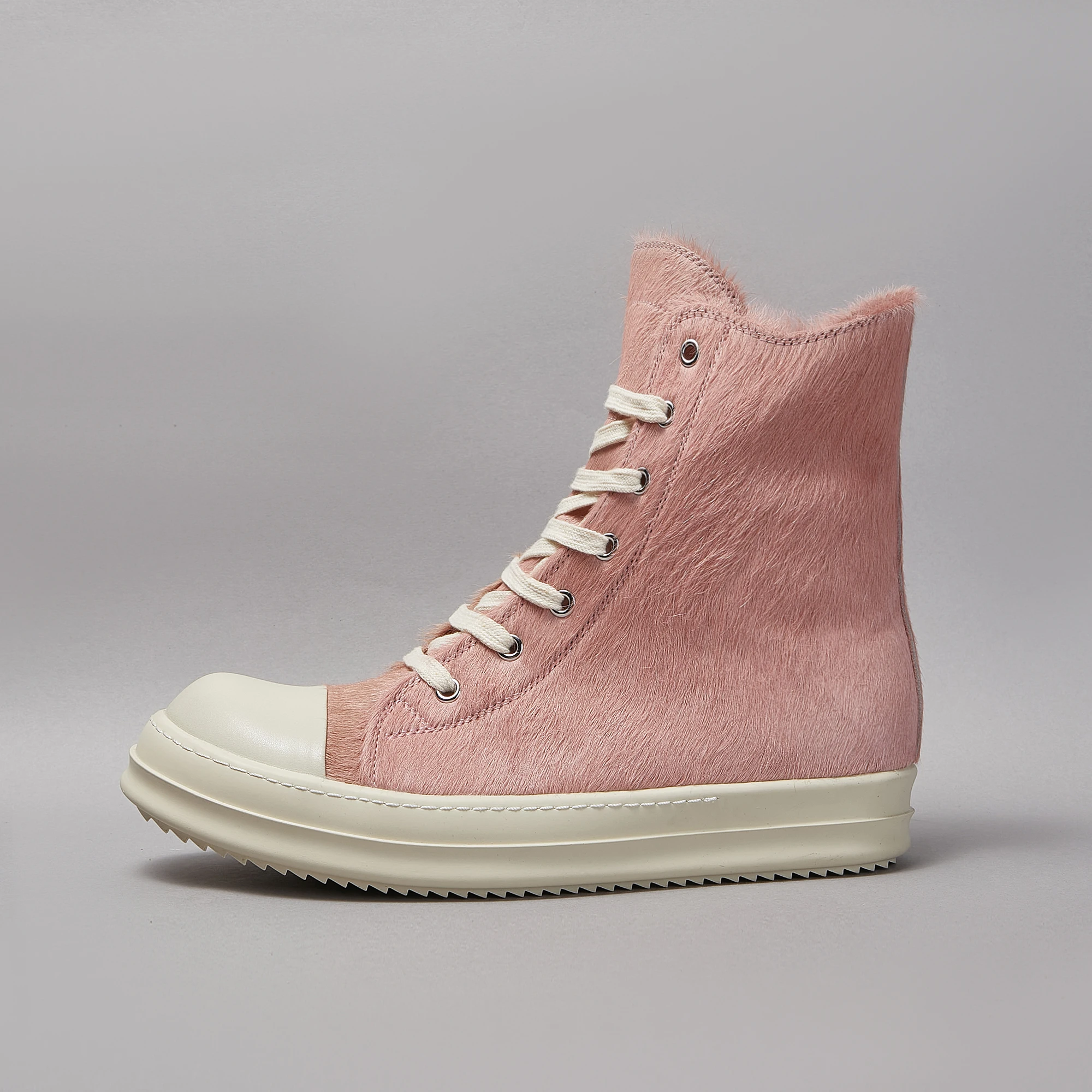 Sapatilha casual de pele de cavalo para homens e mulheres, sapatos altos, sola grossa, plana, marca designer, rosa, com renda, qualidade