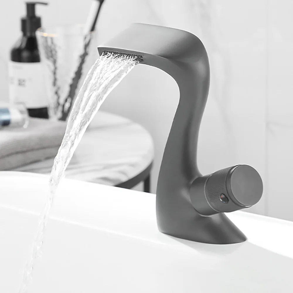 Tianview White bathroom yellow faucet copper waterfall hot and cold water faucet household white swan basin washbasin faucet