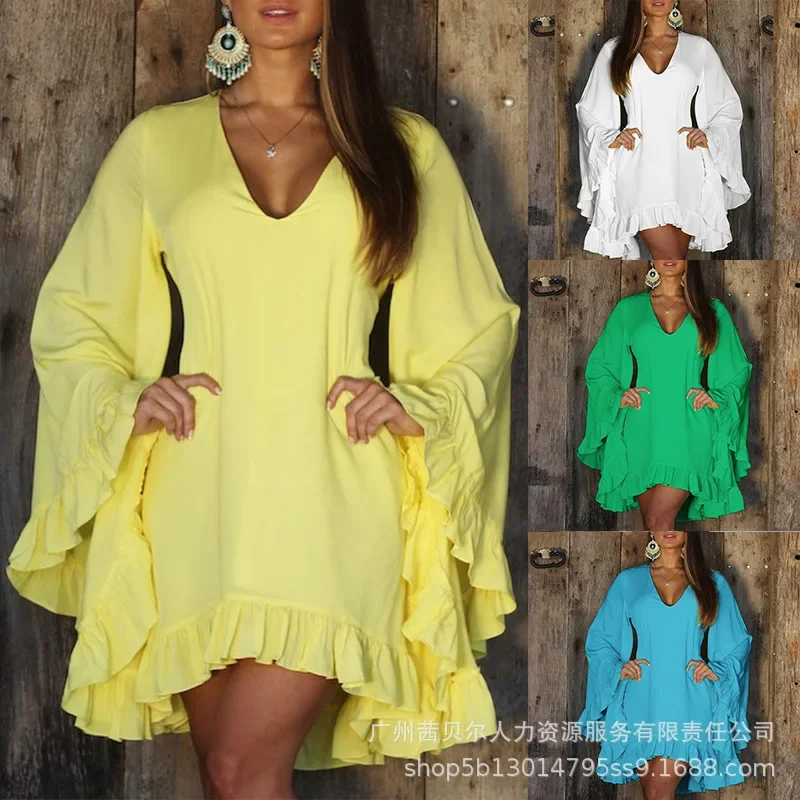 

2023 new yellow V-neck wooden ear trumpet sleeve casual dress