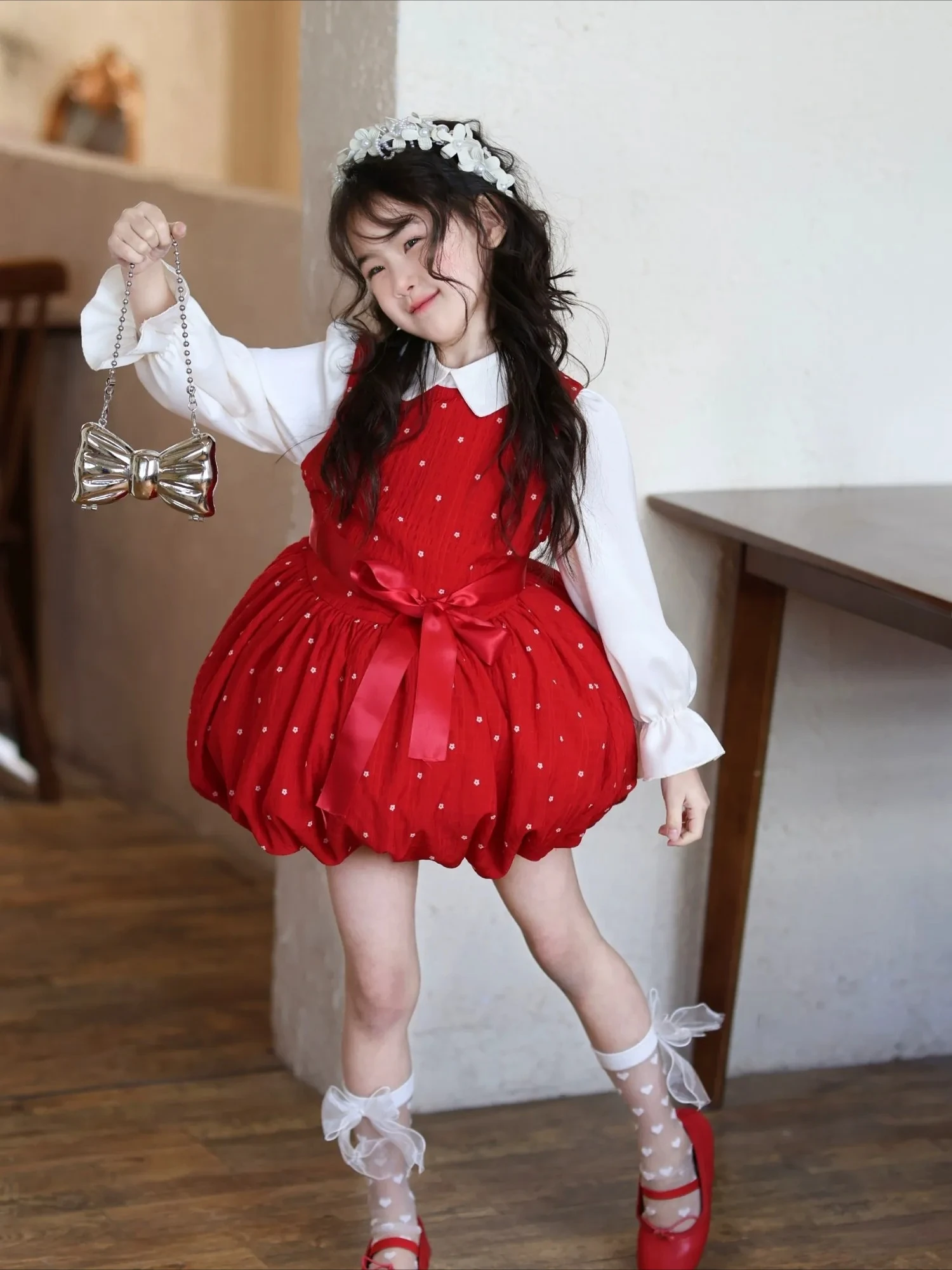 Girls Red Polka Dot Doll Neck Dress 2026 Autumn New Item Girls Fake Two Piece Flower Bud Princess Dress