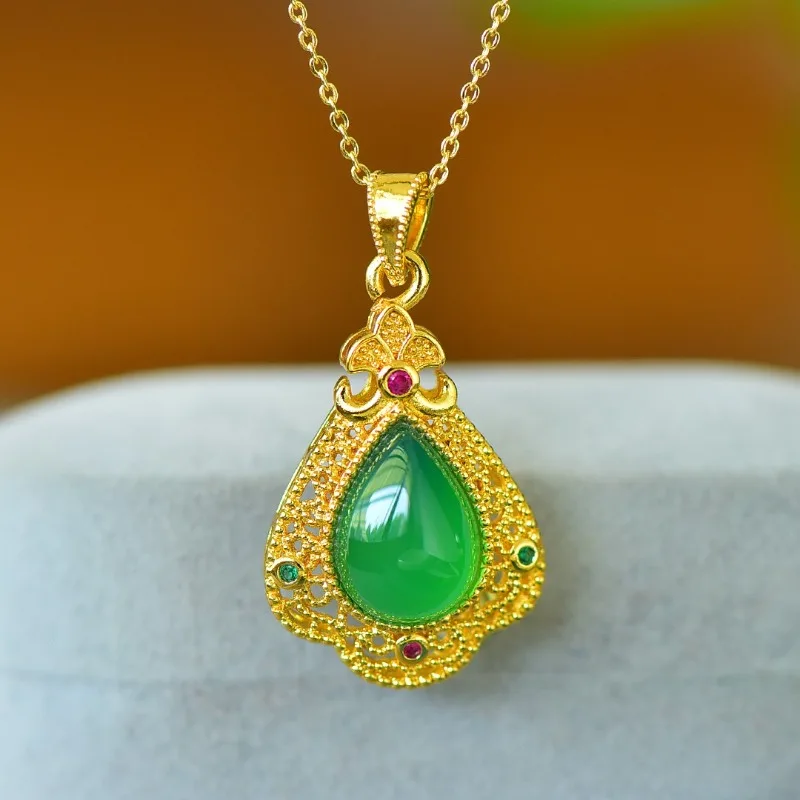 Copper Inlaid Chalcedony Water Drop Hollow Filament with Colored Zirconium Pendant