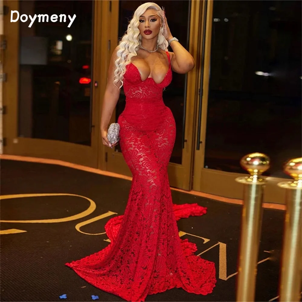 Doymeny Mermaid Lace Evening Dress Spaghetti Straps Party Dress Sleeveless Prom Dress Long Saudi Arabia Special Occasion Gown