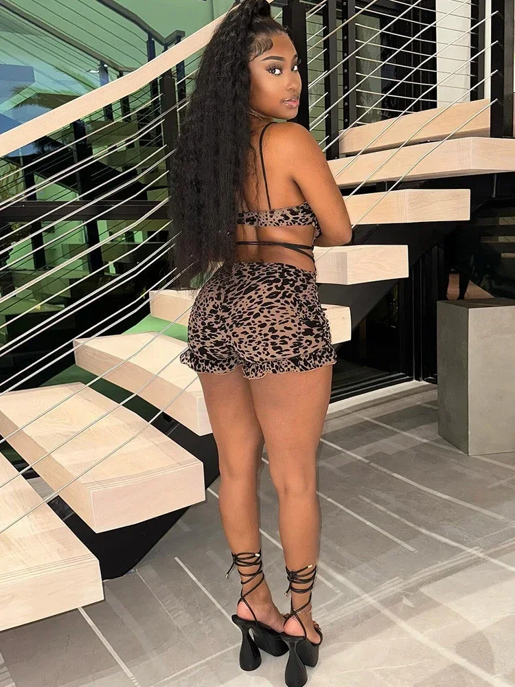 CPSYMYM  Sexy Summer Romper Women Flocking Leopard Print Backless V-Neck Tassel Coquette Thin Midnight Party Workout Playsuits