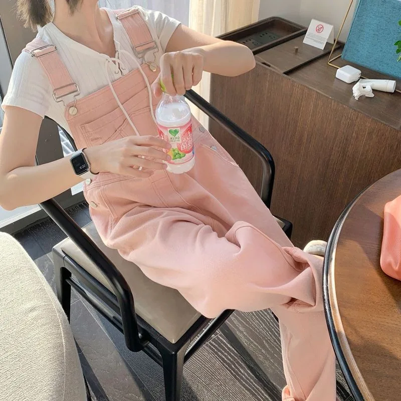 2024 New Pink Denim Baggy Jumpsuit Overalls Women Loose High-waisted Straight Rompers Trousers Youth Girls Casual Jeans Playsuit