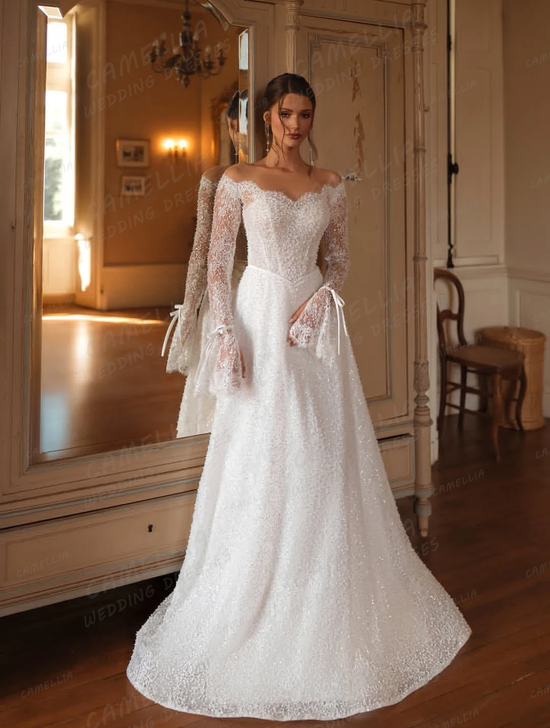 

Simple Wedding Dresses Woman Mermaid Lace Off Shoulder Bride Gowns Sexy Long Sleeve Sequined Shiny Customized Vestidos De Novia