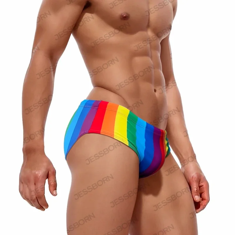 Rainbow Stripe Pouch Swimwear Men Bikini Briefs Slip Swim Wear Sexy Push Up Swimsuit Man Bathing Suit Short Men's Swimming Trunk