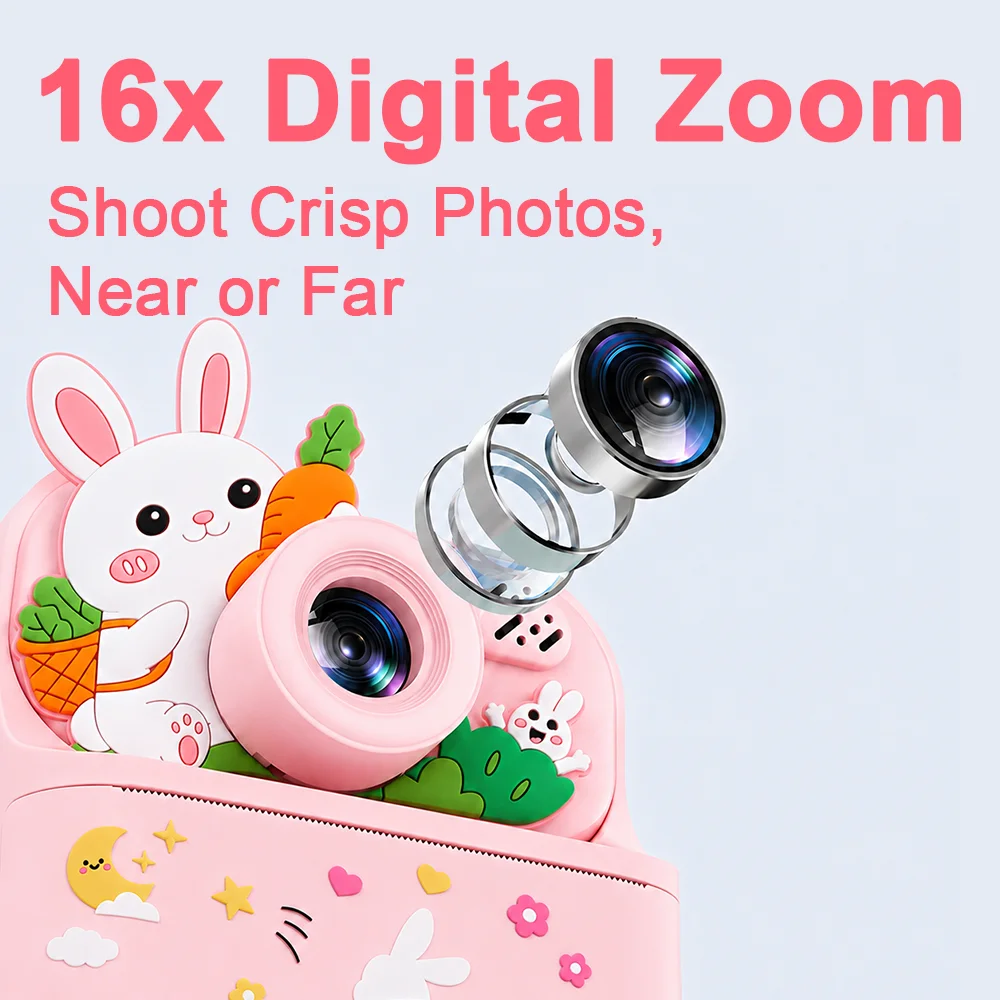 Cute Rabbit Kids Digital Camera with Dual Lens 16X Zoom Instant Print Feature And Built-in Puzzle Games Portable Camera for Girls & Boys