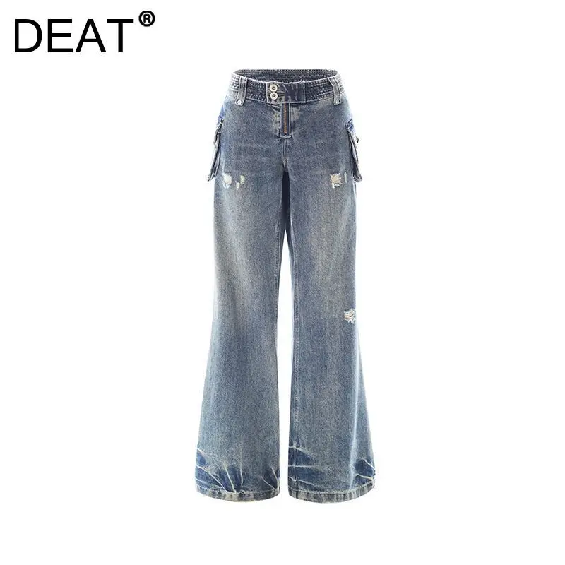 DEAT Women's Jeans High Waist Straight Loose Washed Broken Holes Pockets Wide Leg Denim Pants 2024 New Fashion Autumn 29L8955